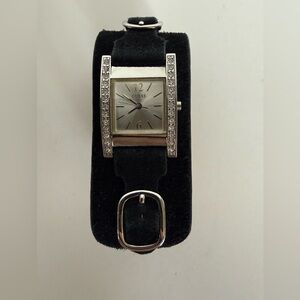 Vintage Guess Black Leather Cuff Watch -rhinestones Silver changeable